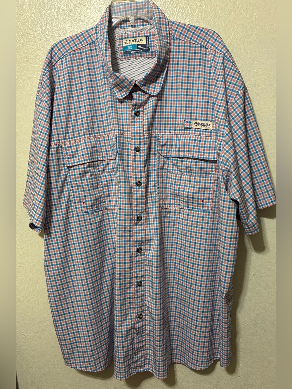 Magellan Outdoors Men’s Short Sleeve Plaid Button-Up Shirt - Blue & Pink